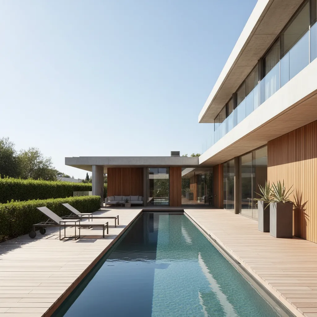 Piscina rectangular moderna alineada con el diseño de la casa