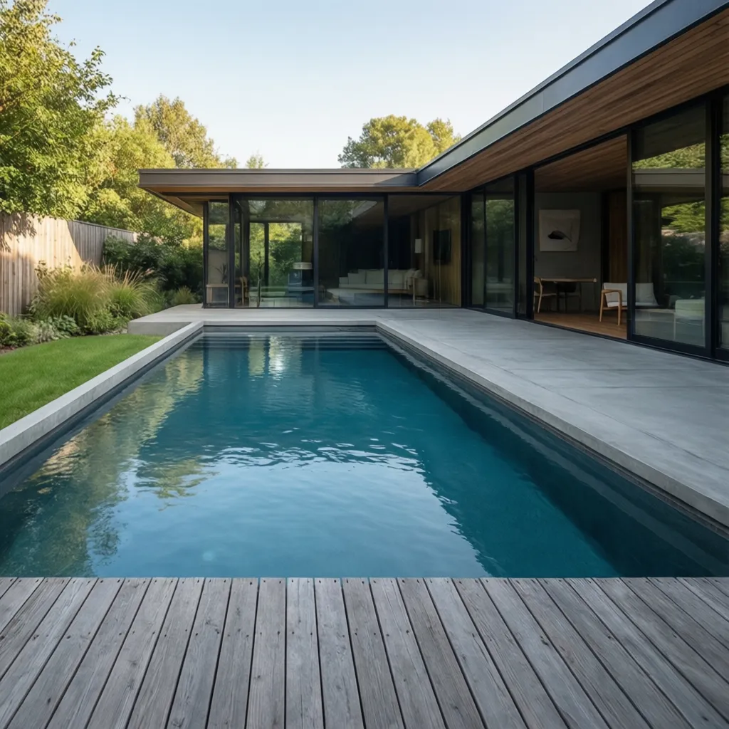 Piscina rectangular moderna en jardín minimalista