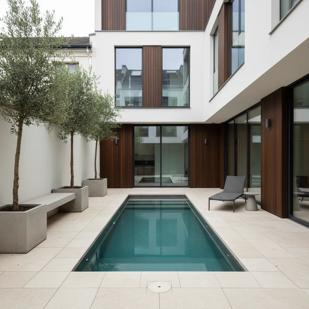 Piscina rectangular pequeña en patio moderno con pavimento claro