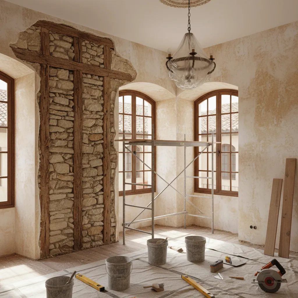 Room renovation showing stone wall, scaffolding, ceiling light, construction tools, wooden floor, and arched windows