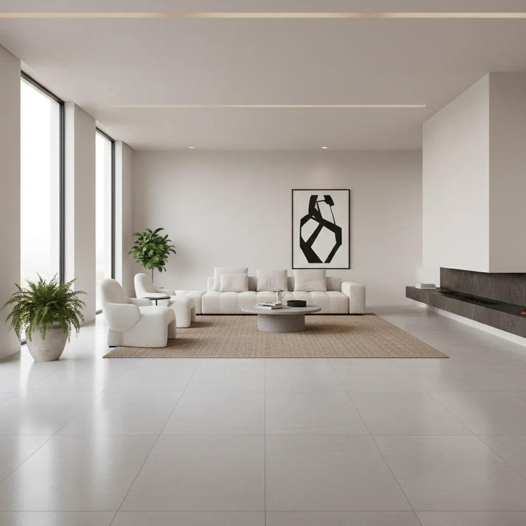Baldosas cerámicas de gran formato en un salón moderno