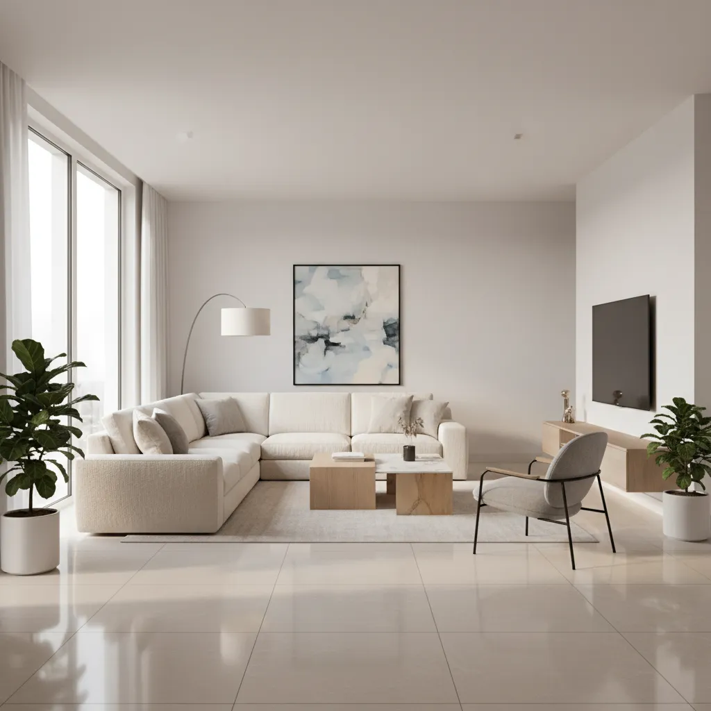 Sala moderna con piso cerámico claro y decoración minimalista