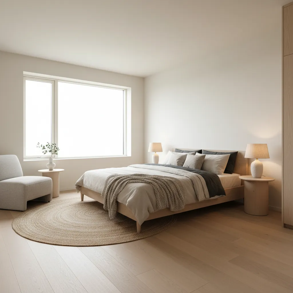 Dormitorio luminoso con piso de madera clara