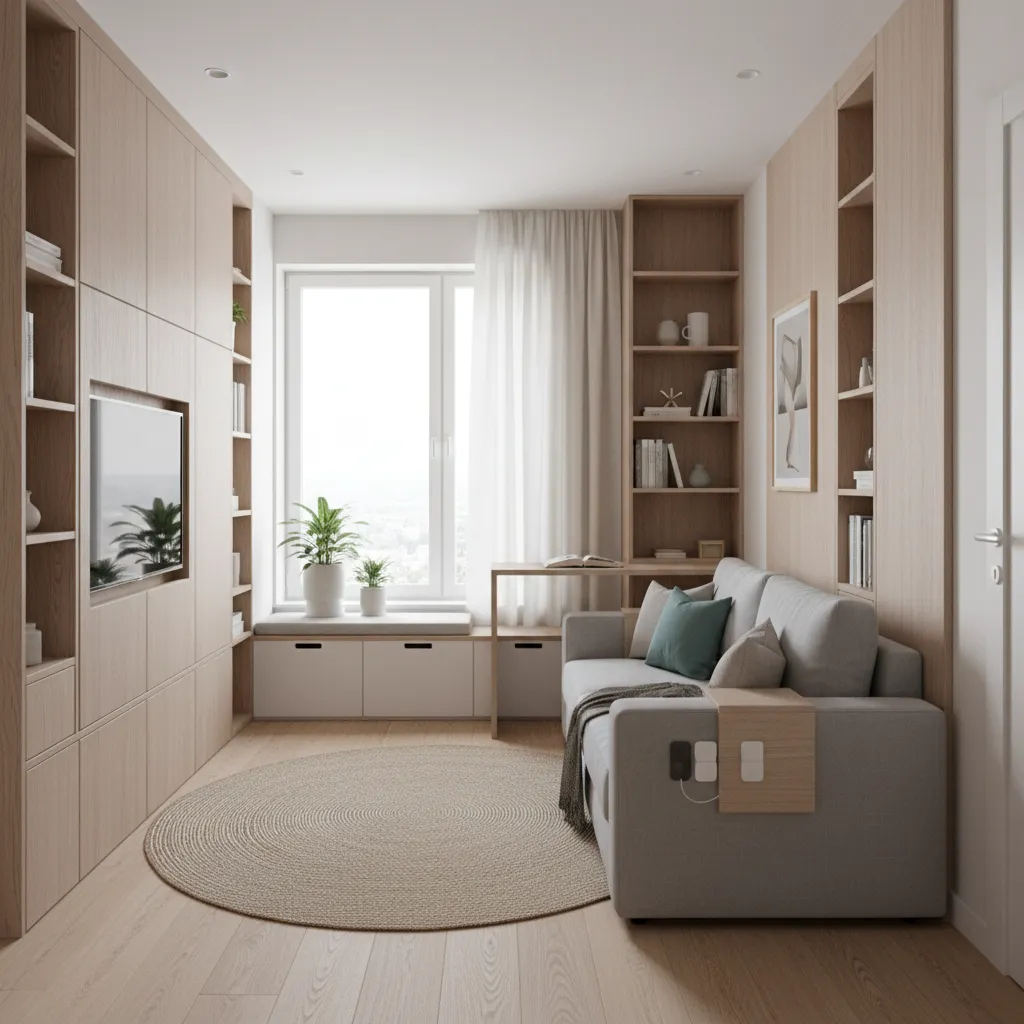Small room layout with light wood wall cabinets grey sofa round rug and white window curtains