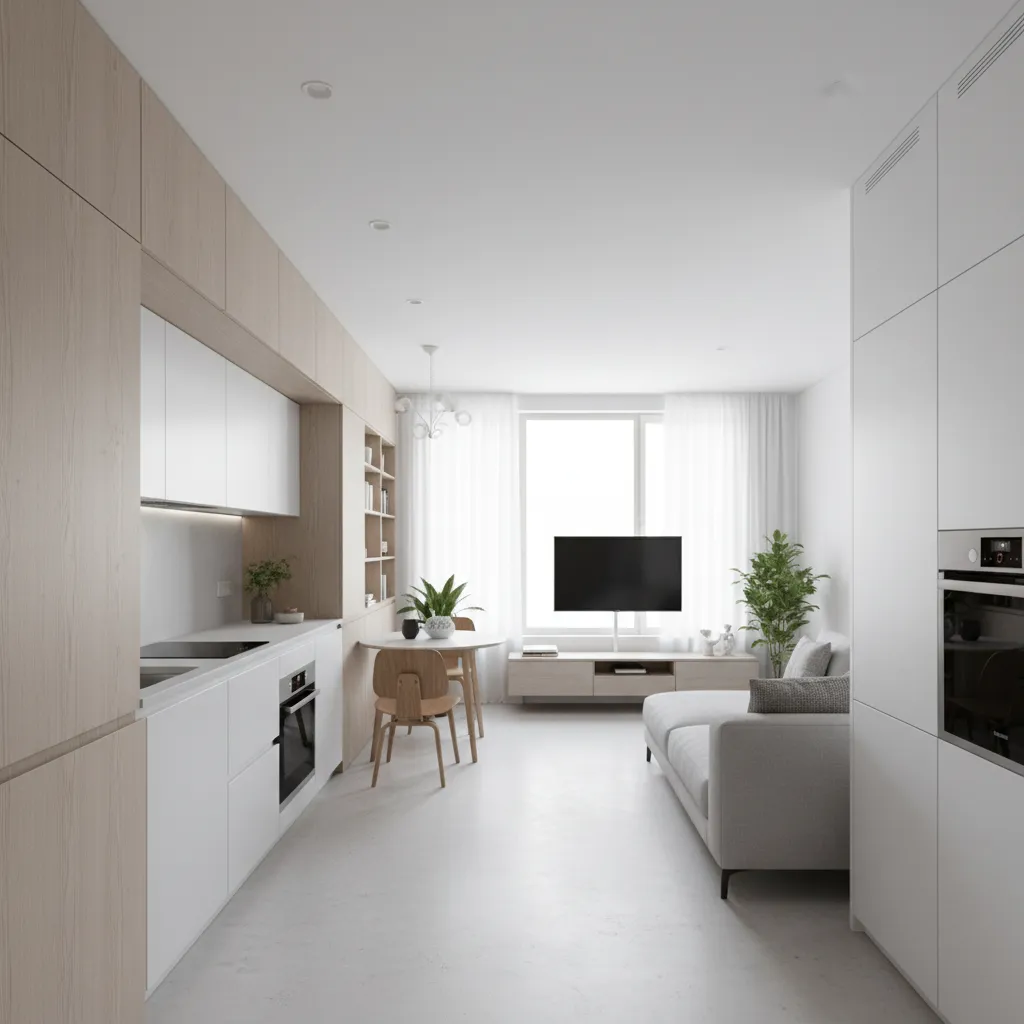 Piso pequeño con distribución abierta y mobiliario integrado