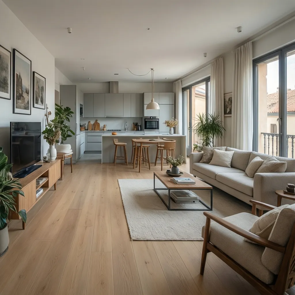 Salón conectado visualmente con cocina abierta en un piso urbano