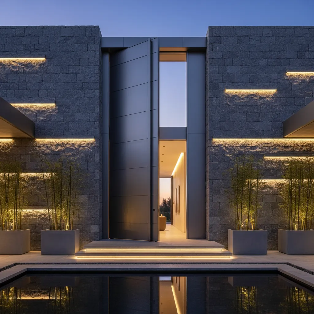 Puerta metálica pivotante grande en vivienda contemporánea