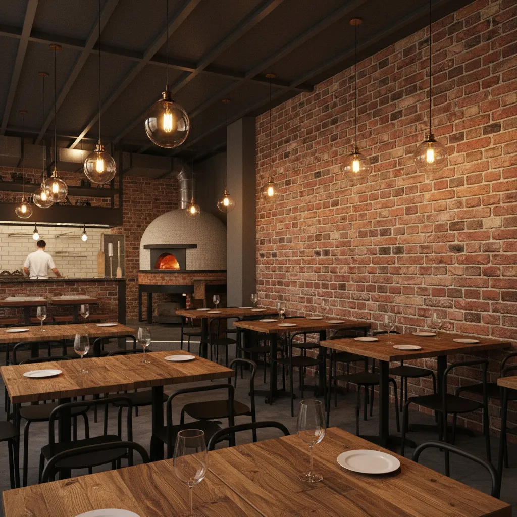 pizza restaurant brick feature wall with warm lighting and wooden tables