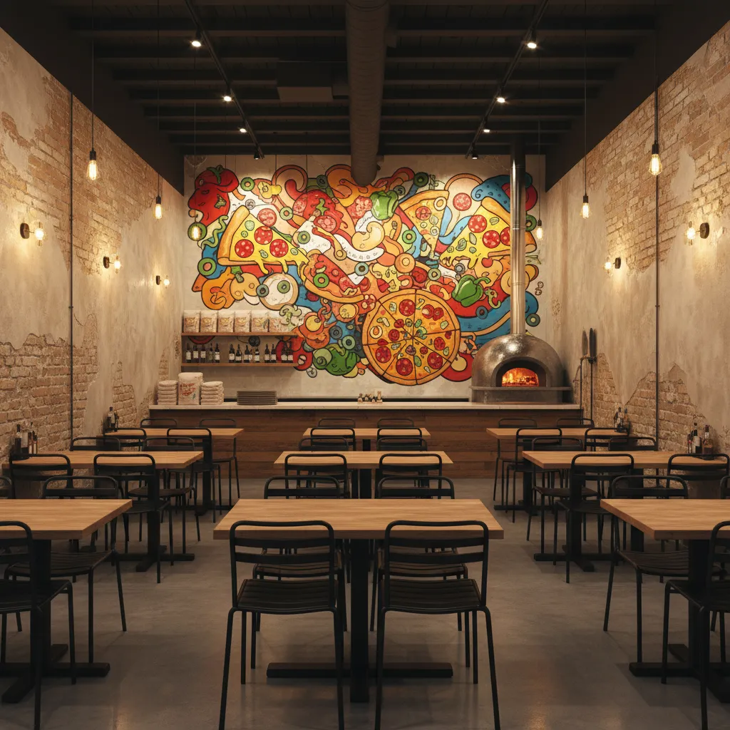 pizza shop interior with colorful hand painted pizza mural wall