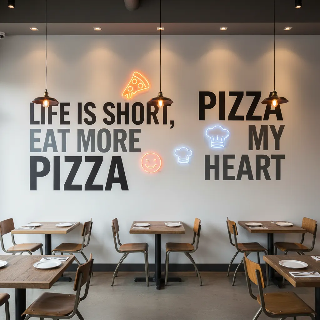 pizza shop wall with bold pizza quote typography and neon sign