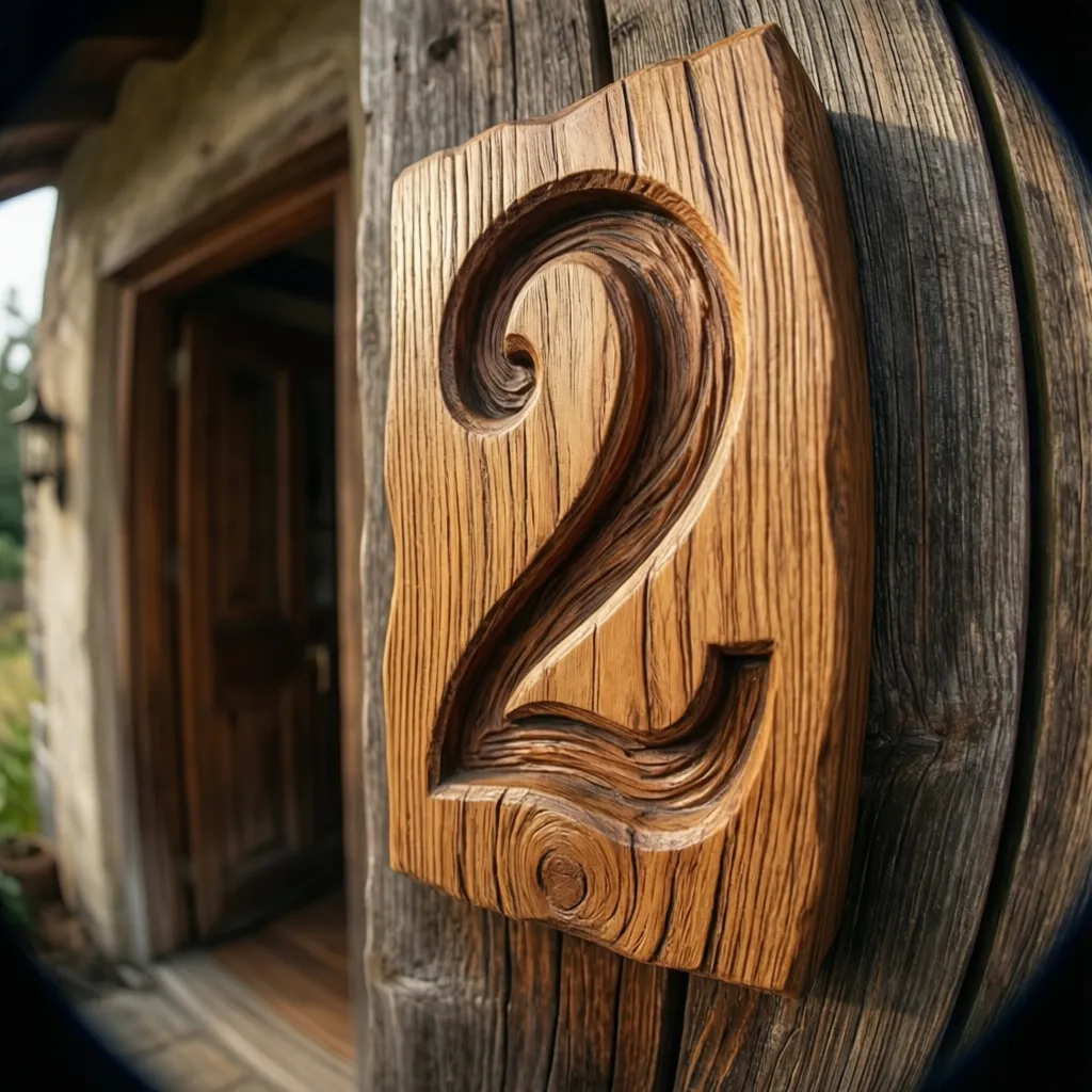 Placa de madera tallada con número de casa estilo artesanal