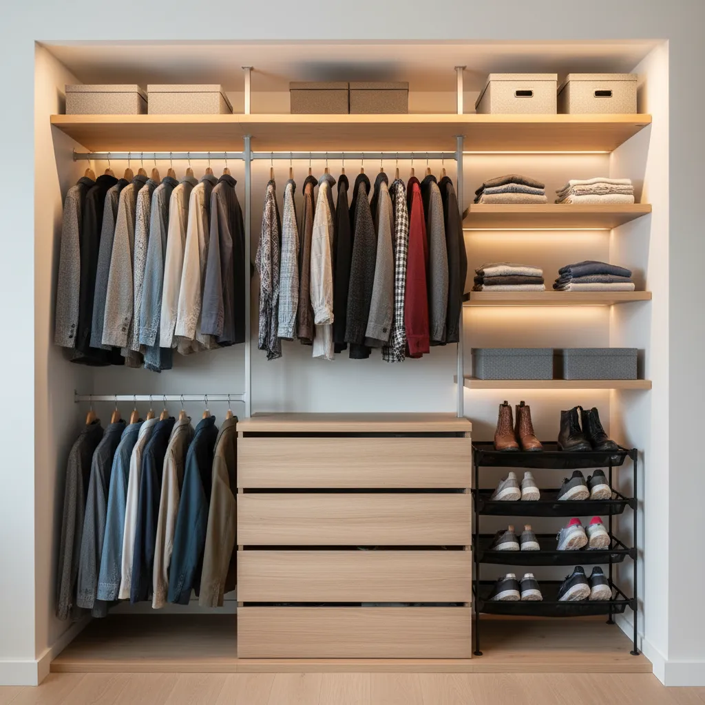 Placard pequeño optimizado con doble barra para colgar ropa