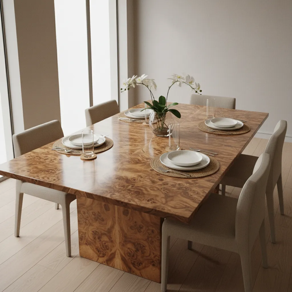 dining table with placemats and coasters protecting burl wood surface