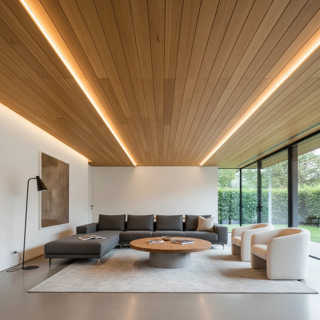 Diseño de plafón moderno con paneles de madera y luz integrada