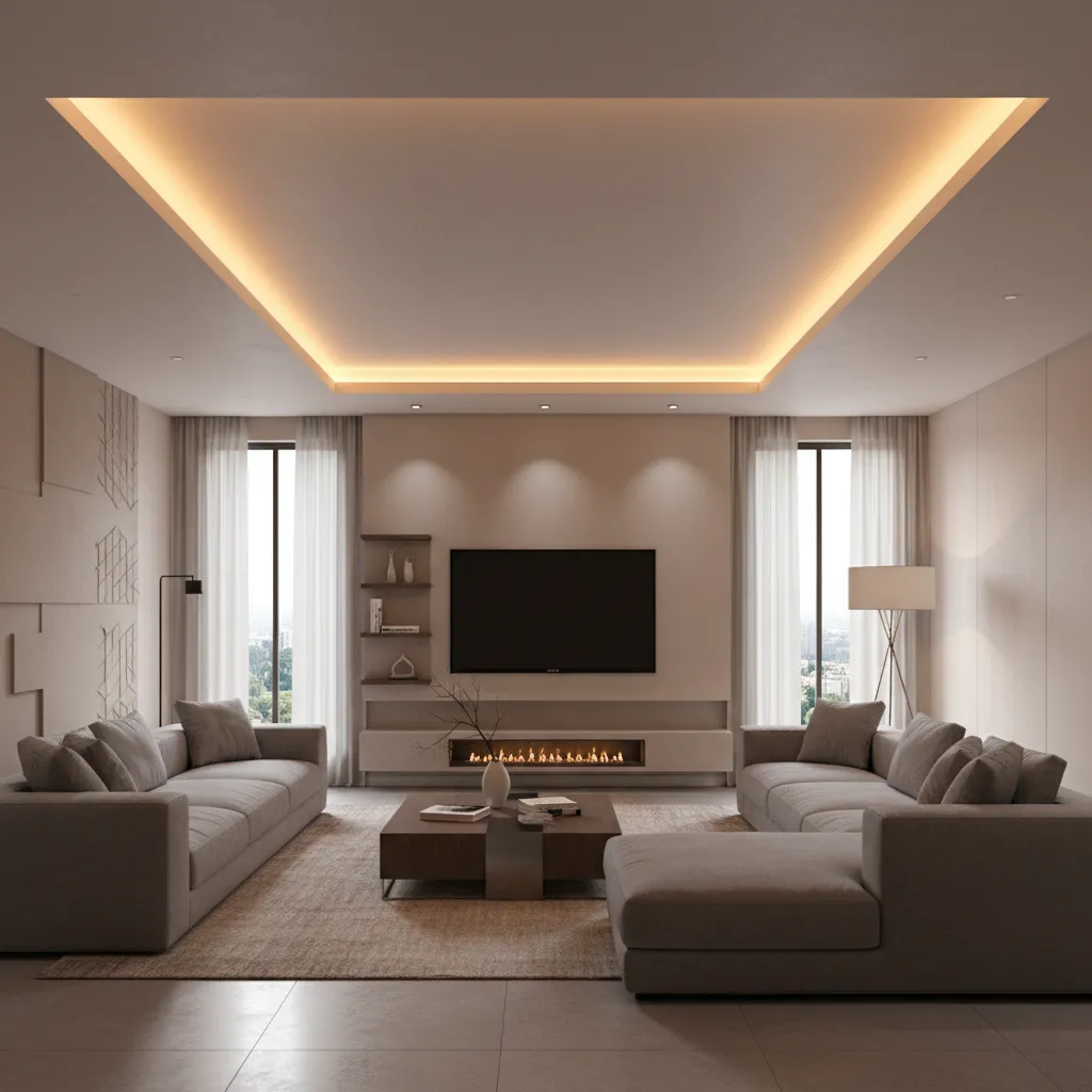 Plafón perimetral con iluminación LED indirecta en un salón moderno