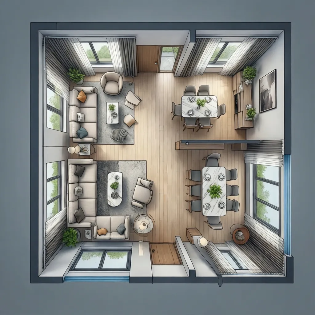 Plano de distribución de un espacio interior de 7x6 metros