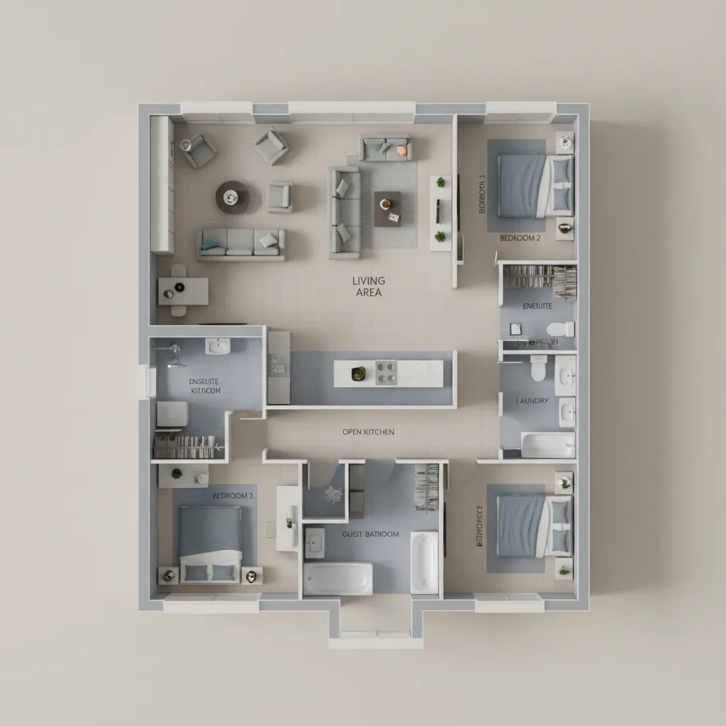 Plano de distribución de una vivienda con diferentes habitaciones