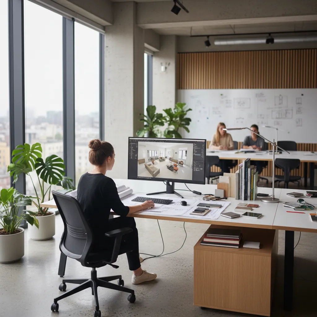 Designer working on interior design drawing on computer screen in bright office with green plants