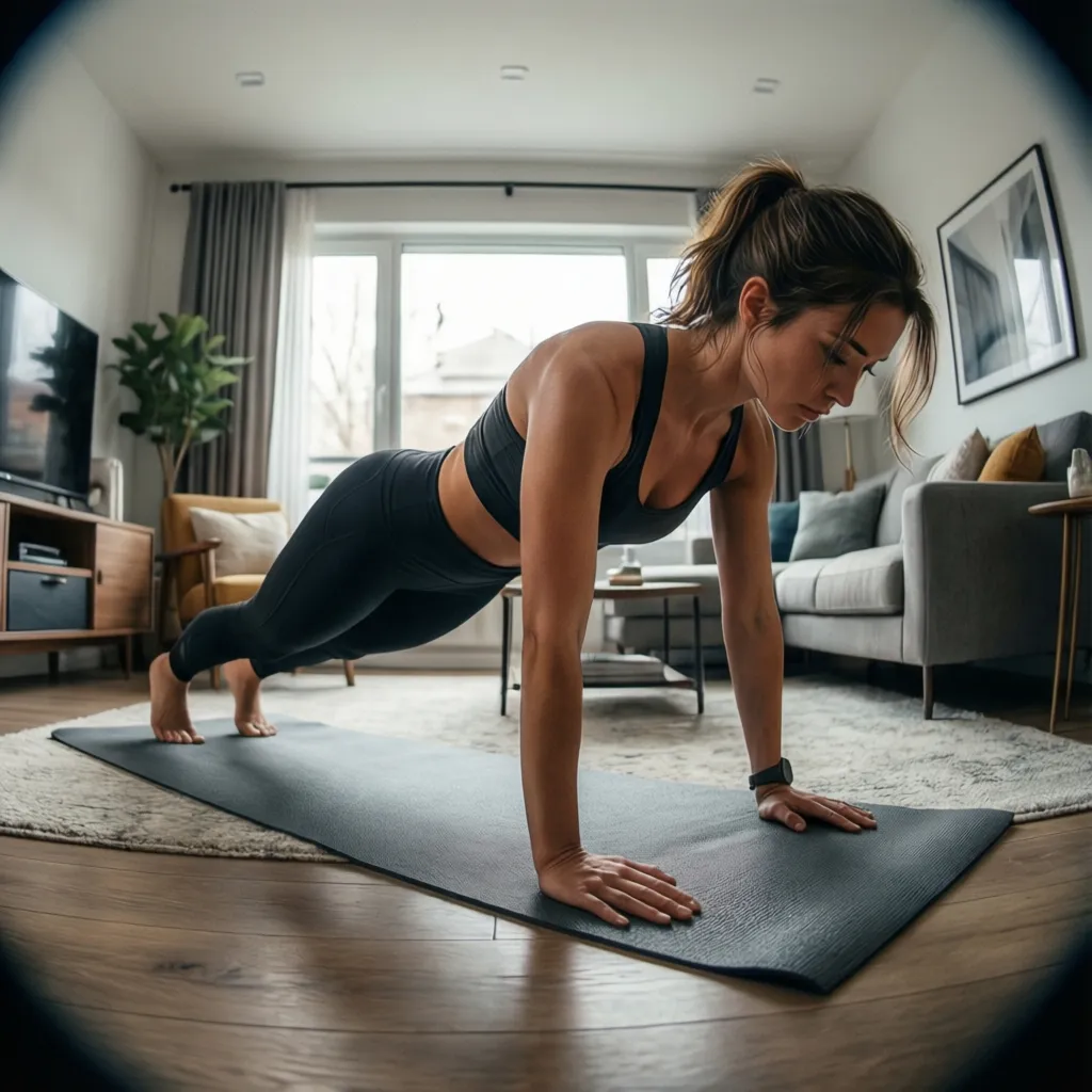 Mujer realizando ejercicio de plancha abdominal en casa