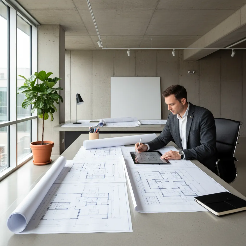 arquiteto analisando planta de casa em mesa de trabalho