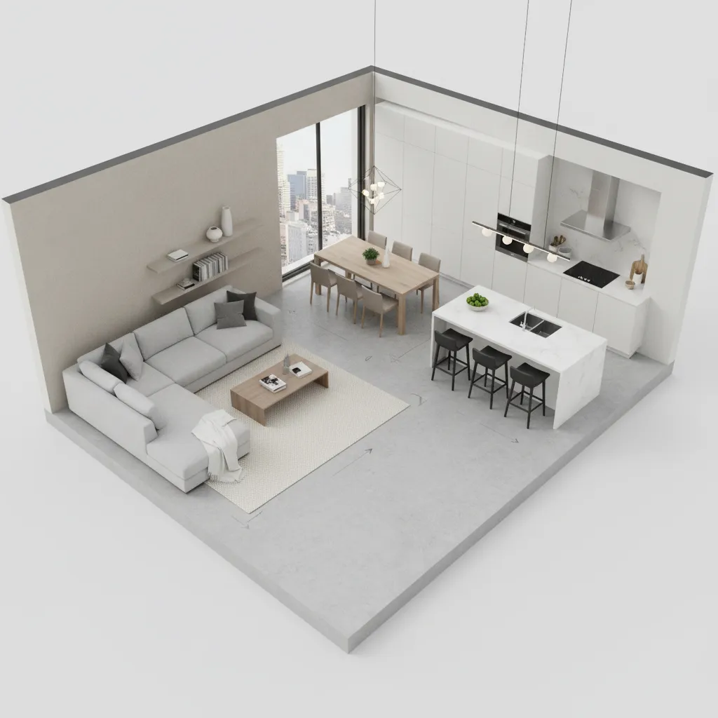 planejamento de layout de sala e cozinha em planta 3D