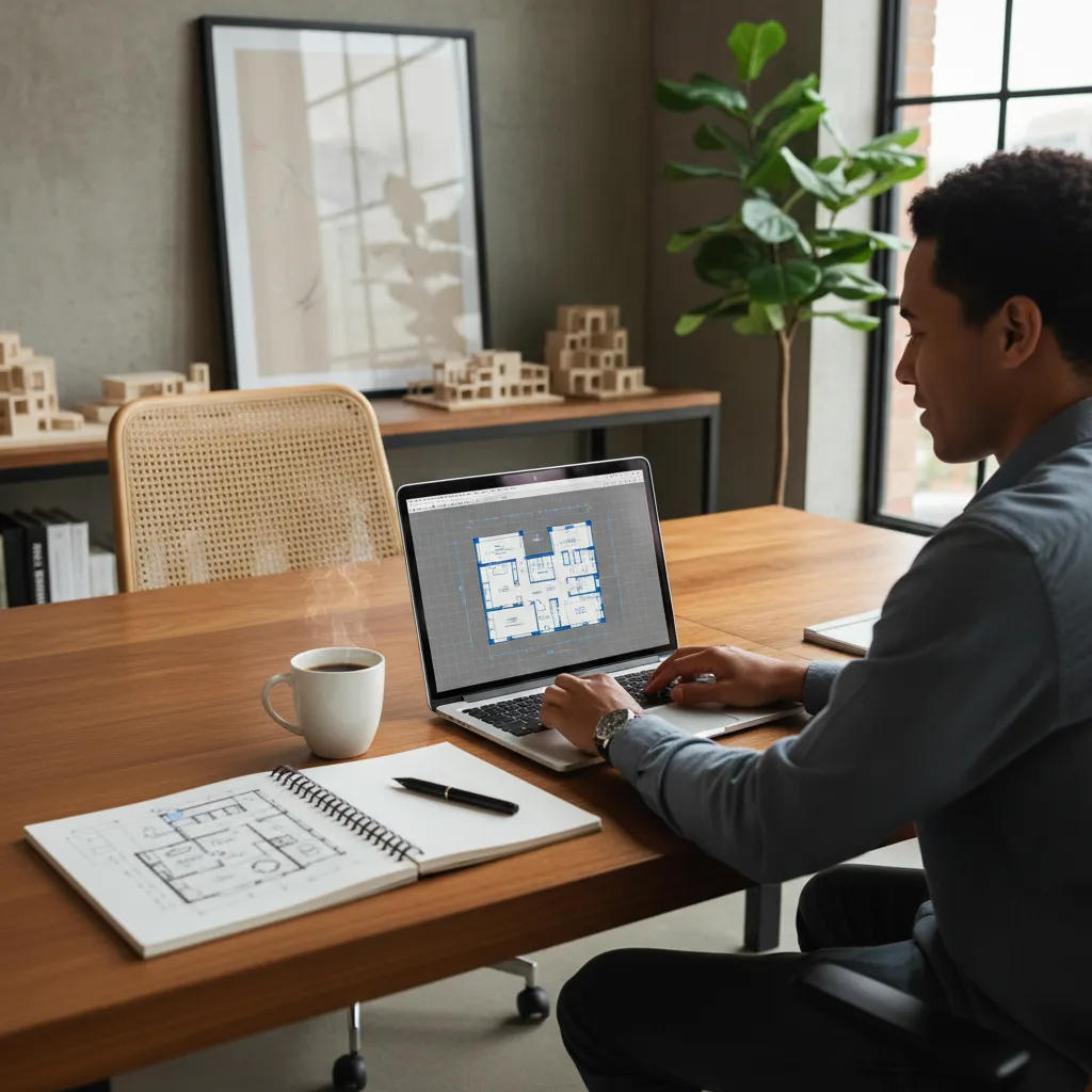 Pessoa planejando planta de casa em laptop com software de design