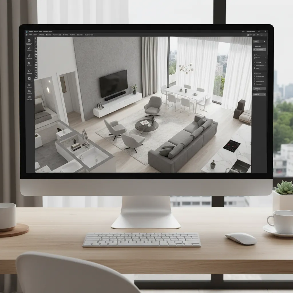 Desktop computer monitor showing 3D interior design drawing of a modern living room and kitchen
