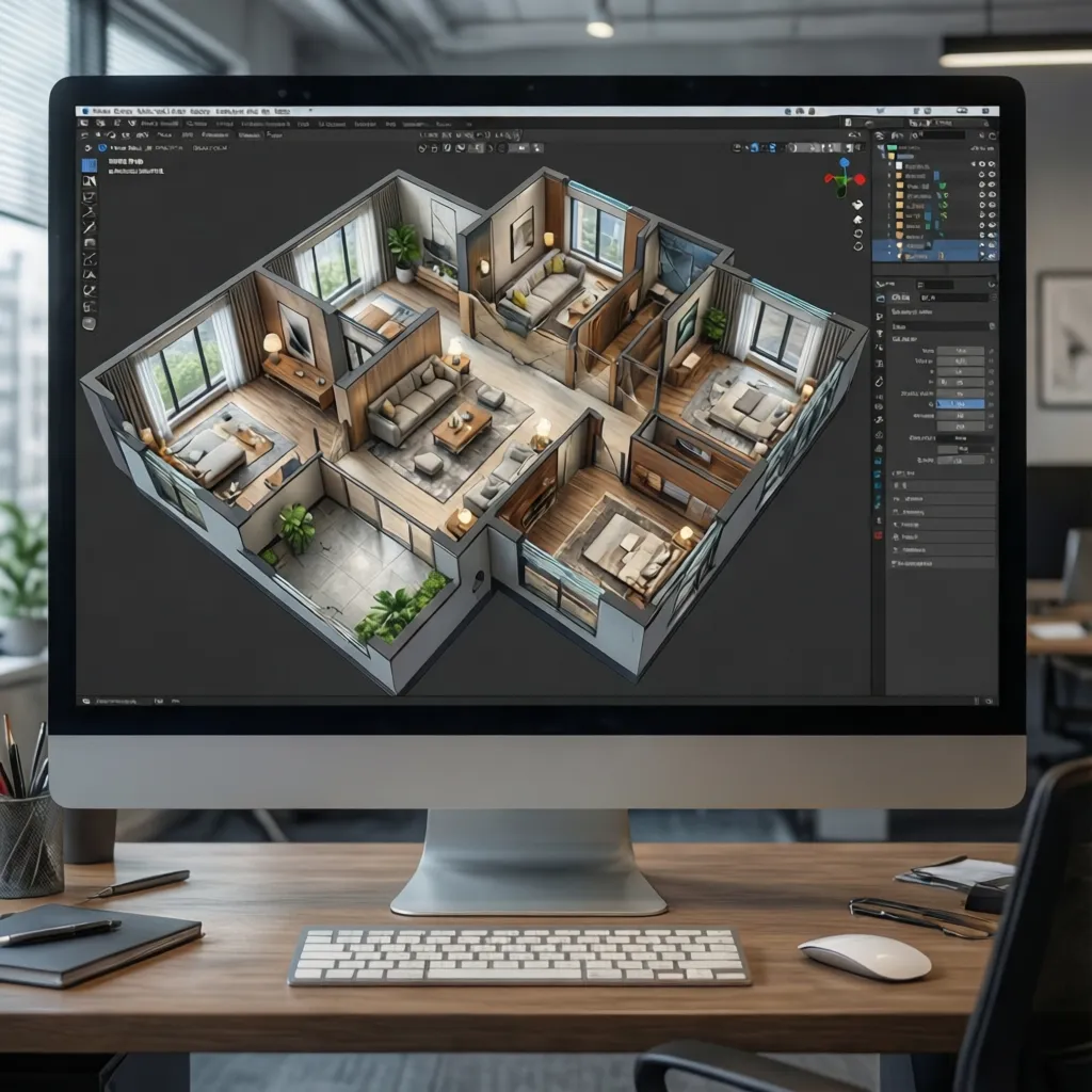 Visualización digital de un apartamento en 3D usada para planificación de interiores