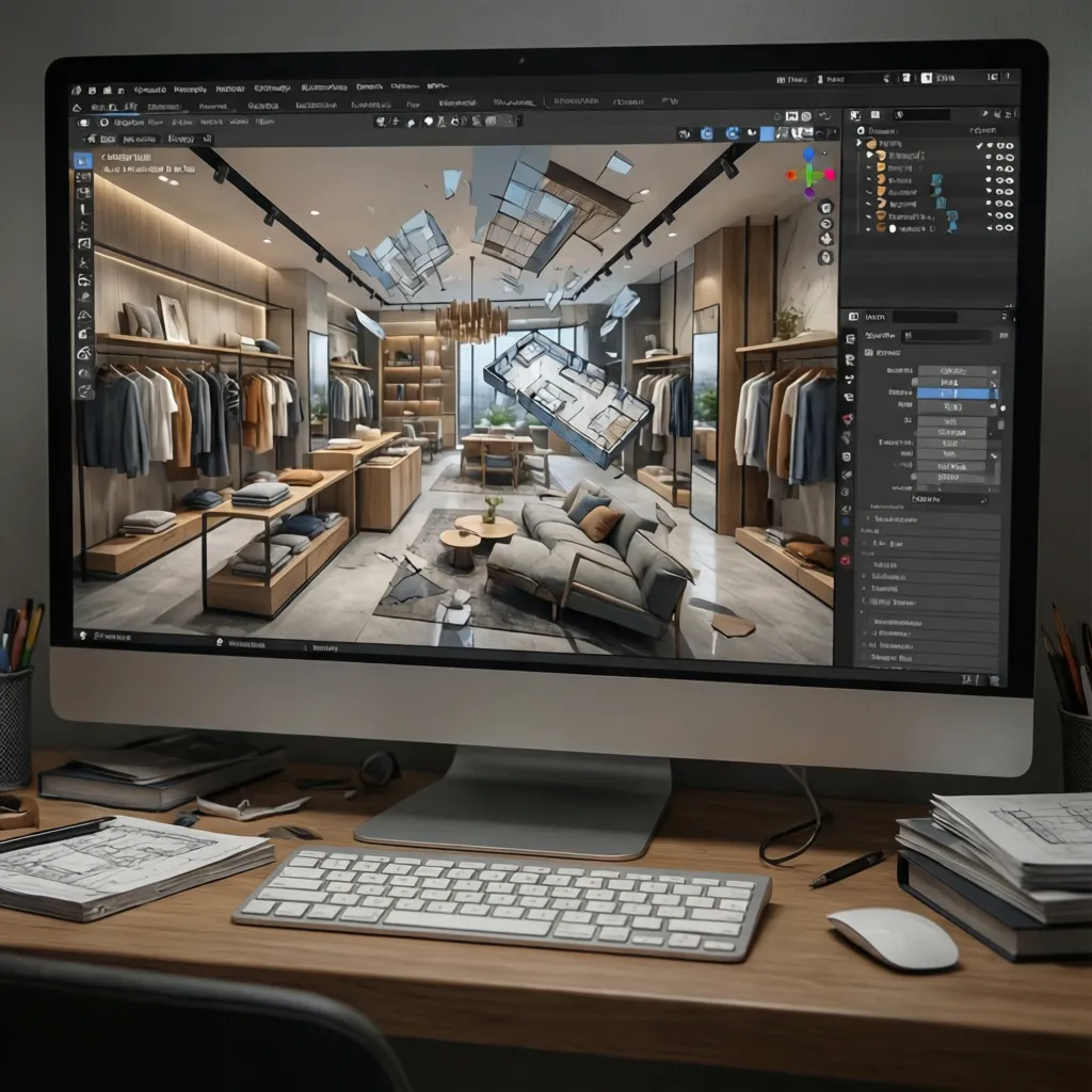 Planificación 3D del interior de una tienda en proceso de diseño