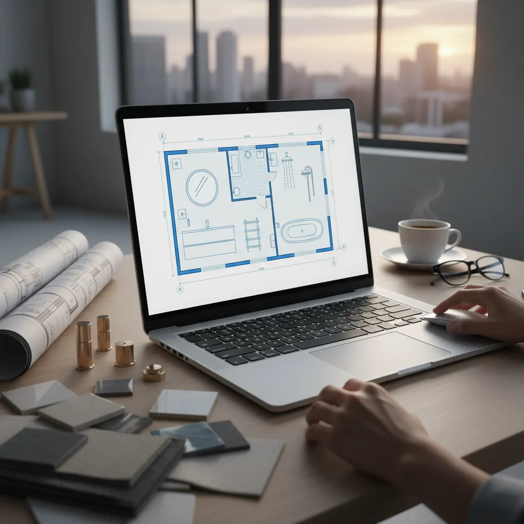 Diseñador planificando la ubicación de accesorios en un plano de baño