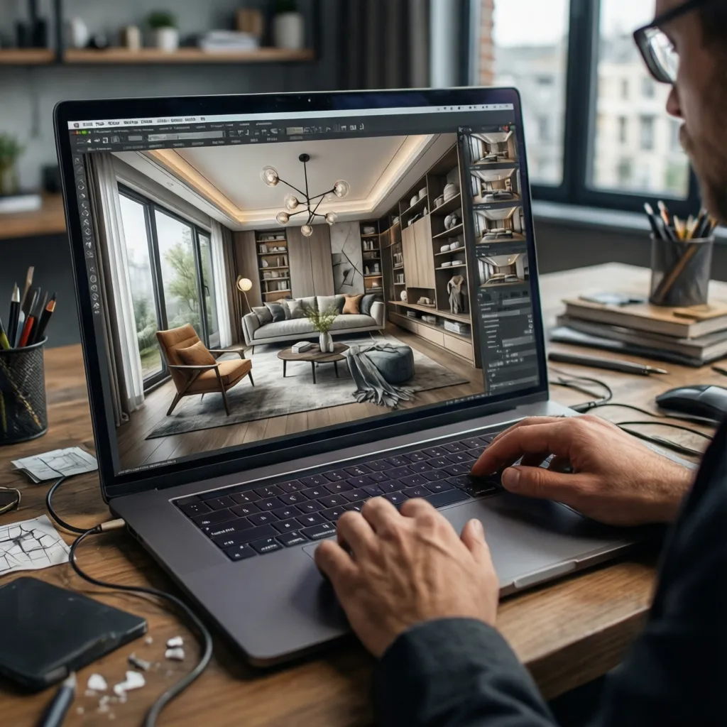 Diseñador planificando almacenamiento en un modelo digital de interior
