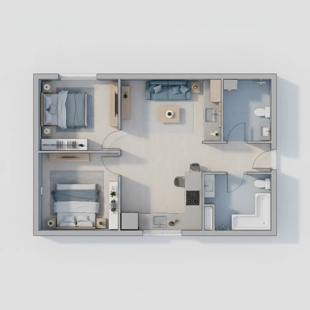 Interior design drawing showing a two bedroom apartment room layout with sofa and wooden floors