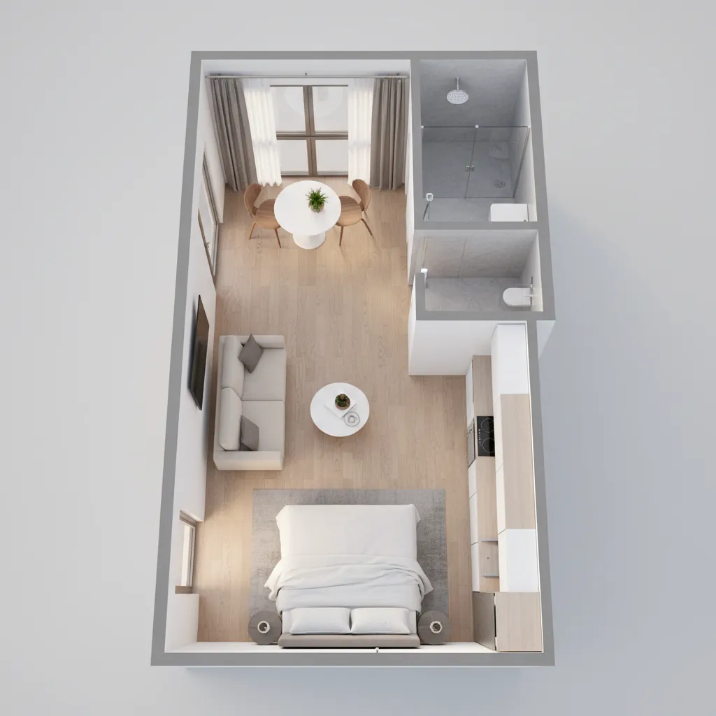 Plano 3D de un apartamento pequeño optimizado con muebles funcionales