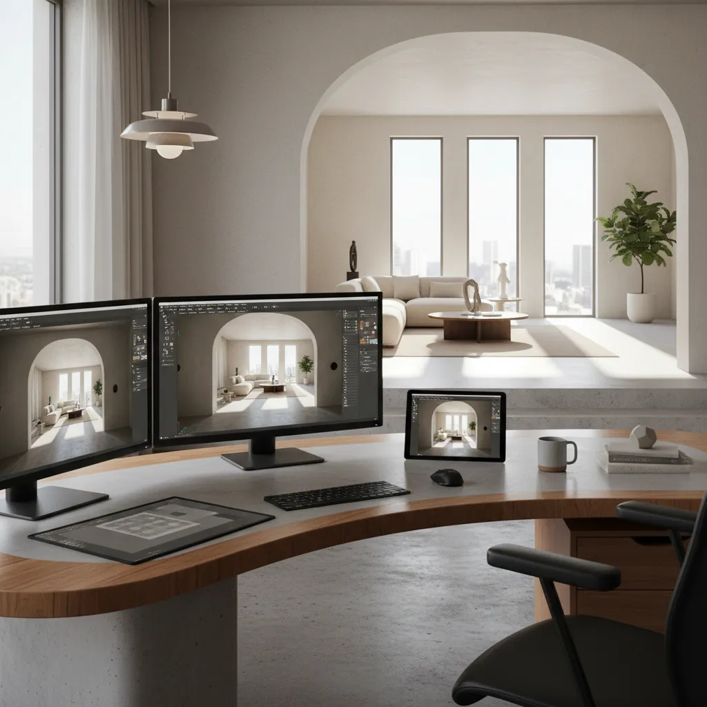 Diseño digital de un interior con arcos en modelo 3D