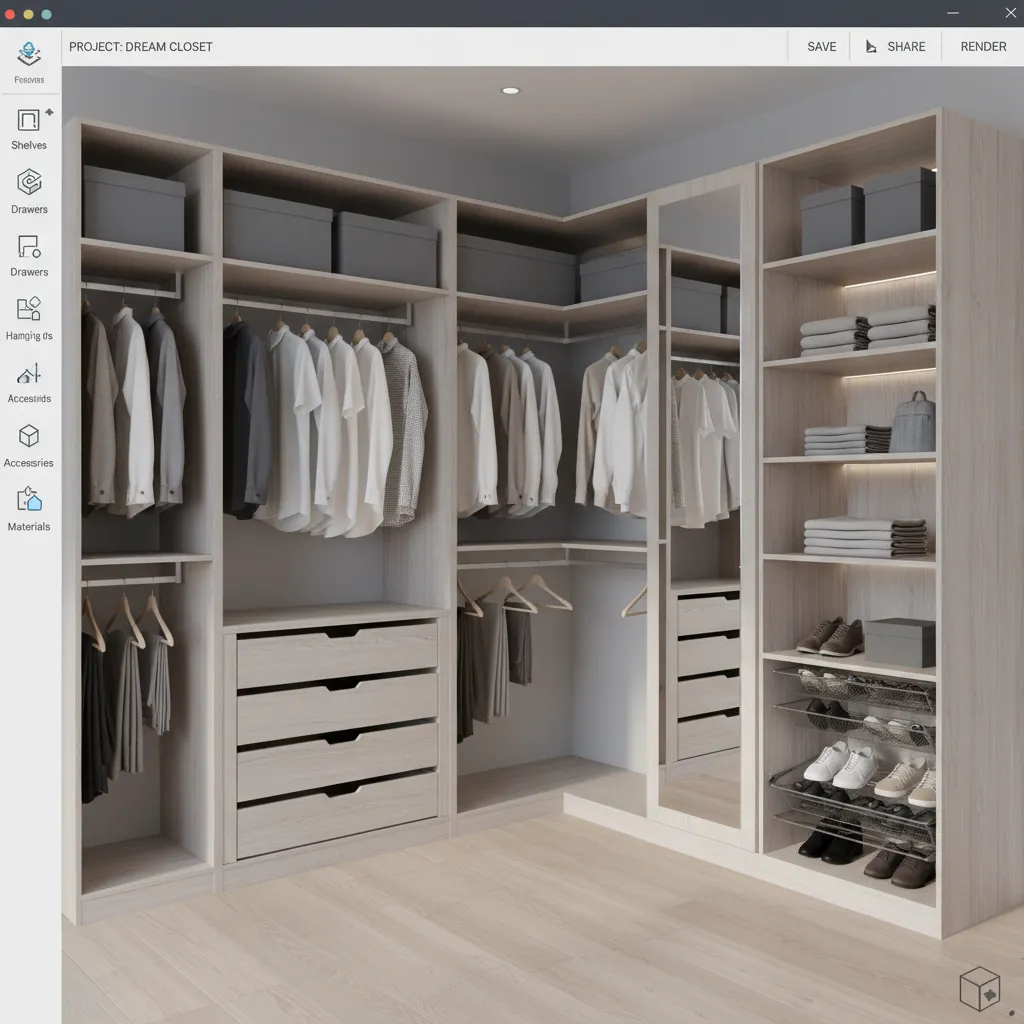Coohom 3D closet design tool interface showing an L-shaped walk-in wardrobe with shelves and drawers