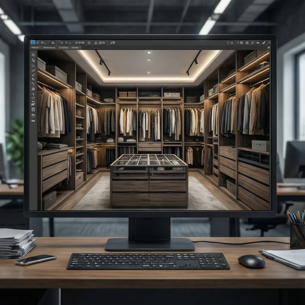 Diseño digital de interior de armario en una pantalla con distribución modular