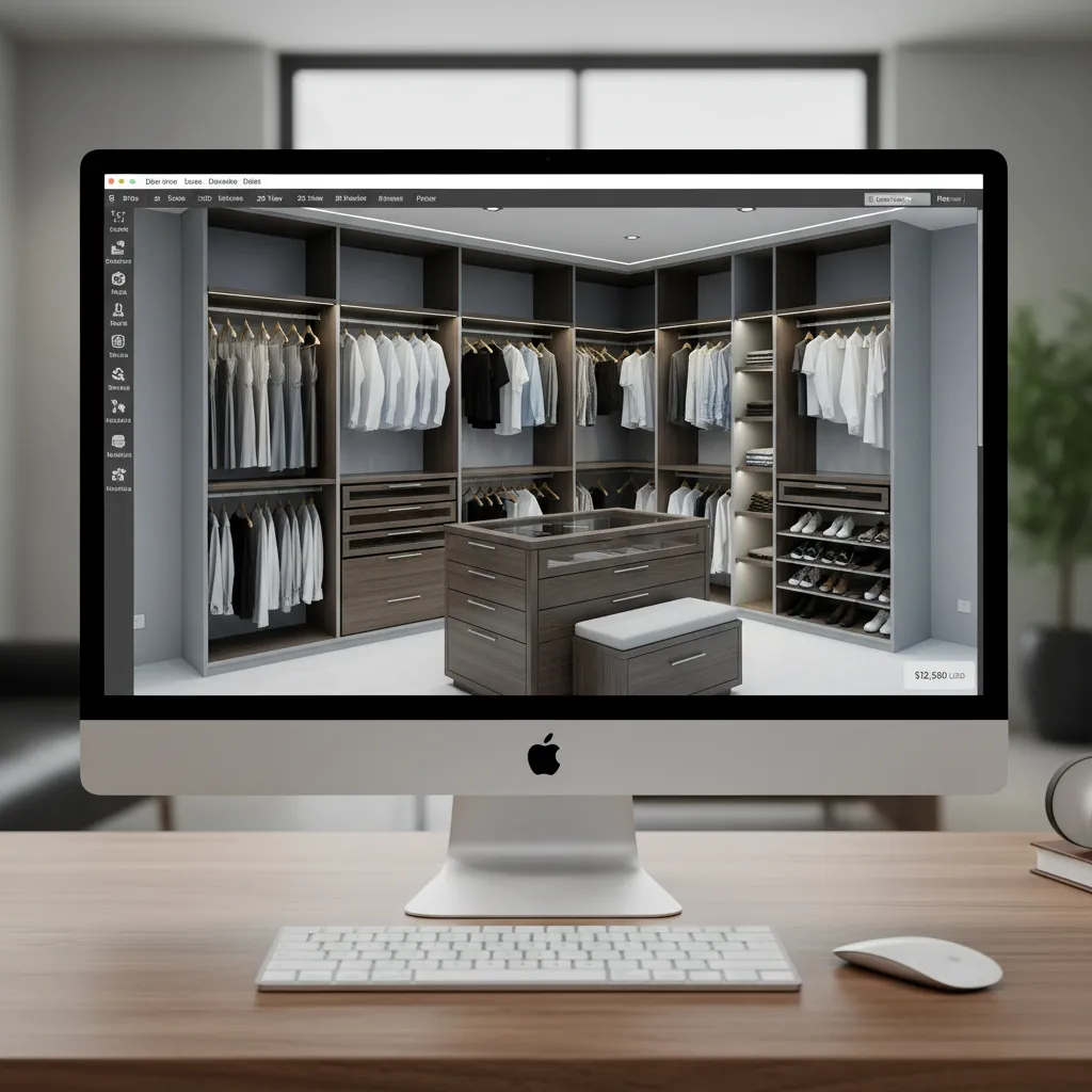 Computer screen displaying interior design drawing of a large luxury walk-in wardrobe with island cabinet