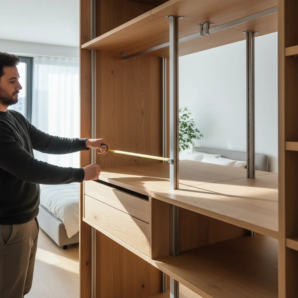Man measuring a wooden shelf unit with a yellow tape measure in a bright bedroom