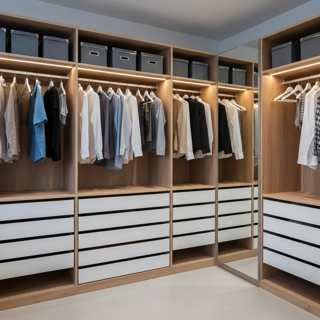 Modern wooden closet with hanging clothes white drawers storage boxes and a large floor mirror