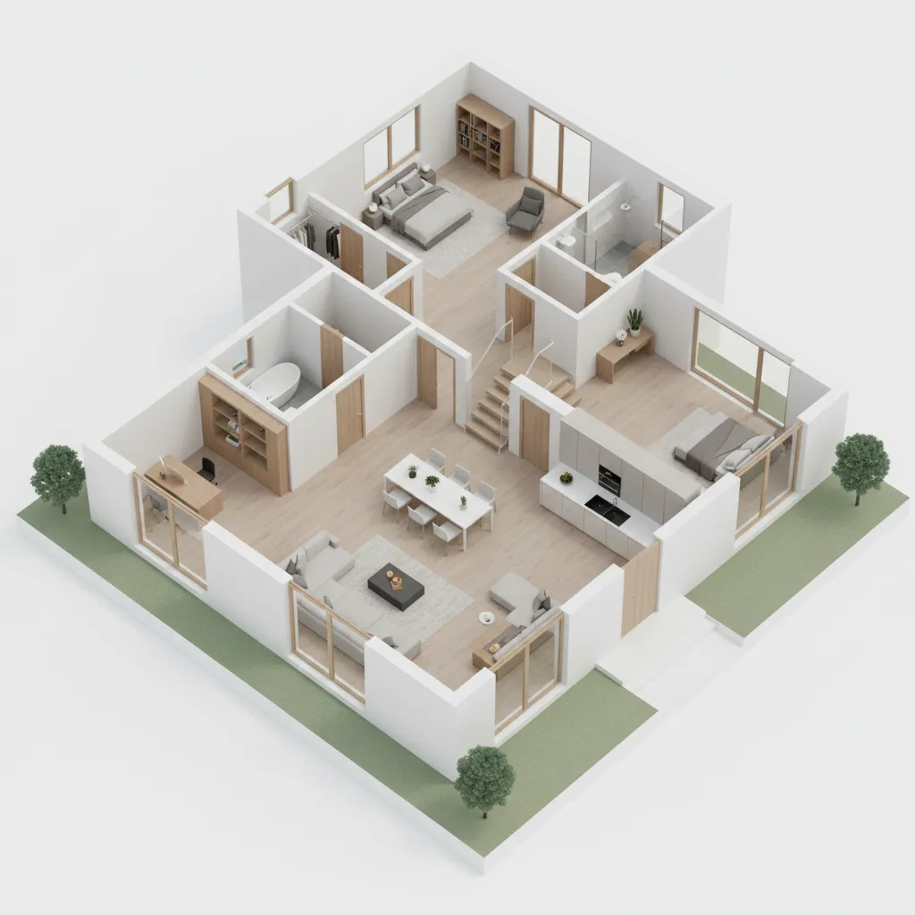 Modelo 3D de planificación de vivienda moderna