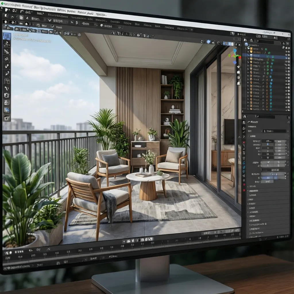 Coohom interior design software showing a balcony layout with furniture, plants, and a city view