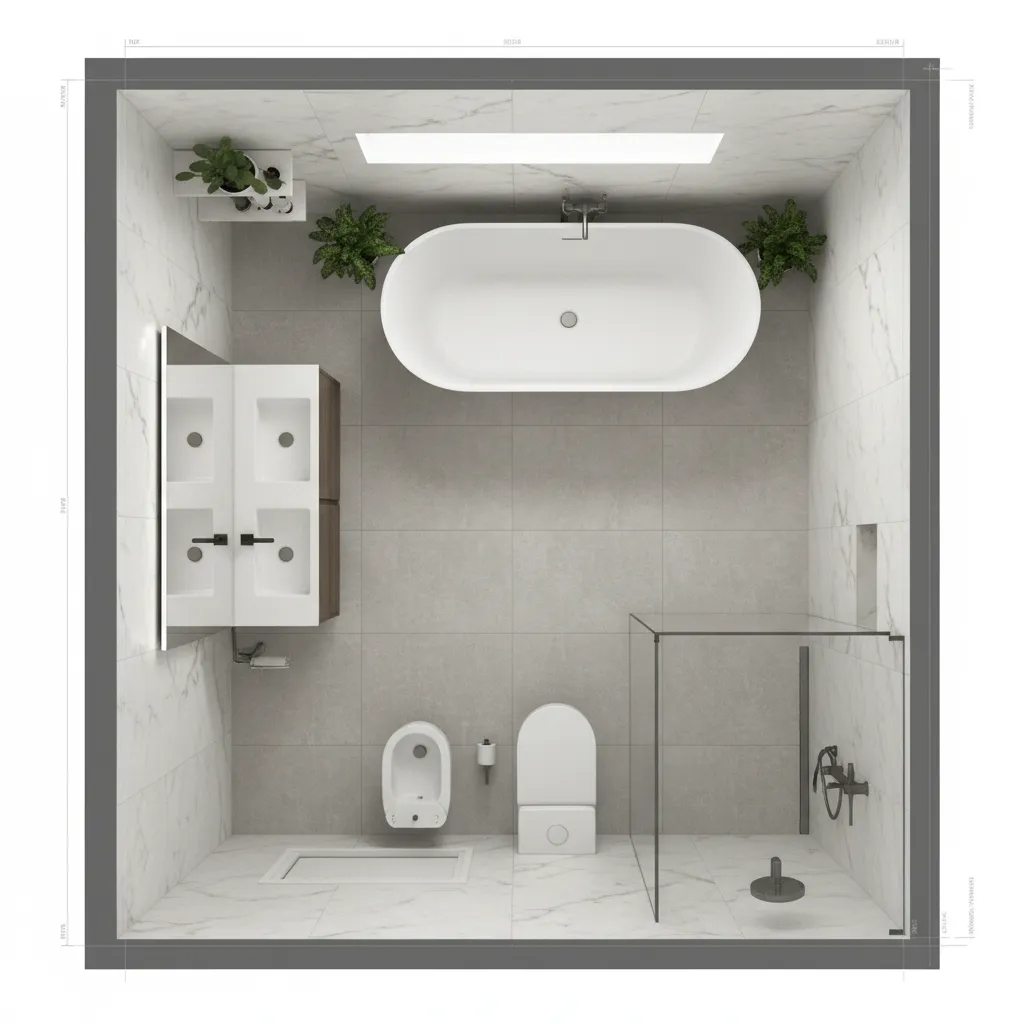 Top view interior design drawing of a bathroom layout with bathtub toilet shower and sinks