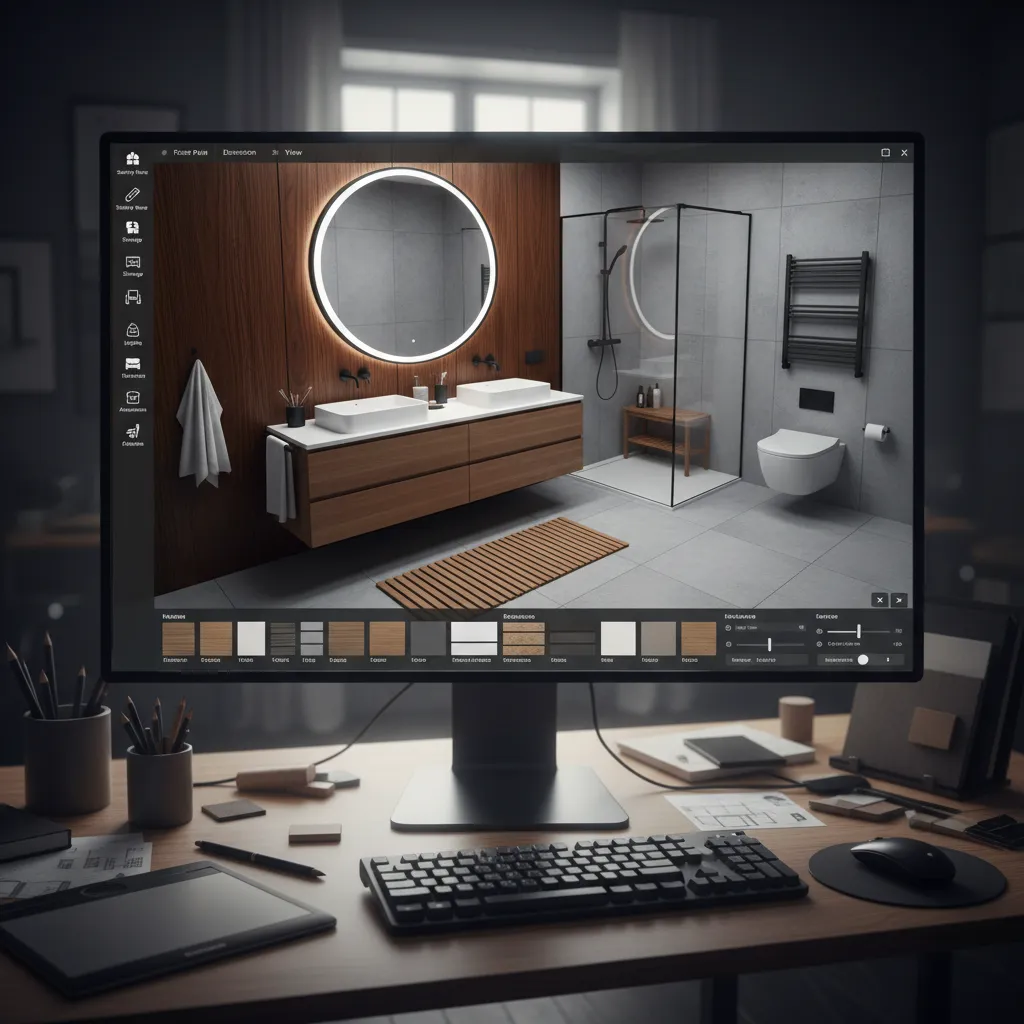 Planificación digital de diseño de baño con madera