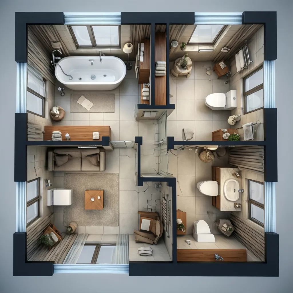 3D interior design drawing of a bathroom and living area layout with a white bathtub