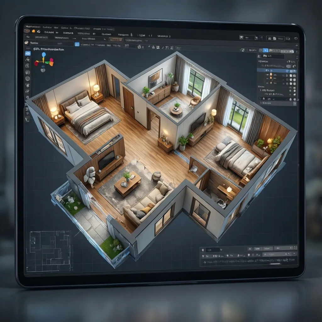 Modelo 3D de planificación de una casa con tres dormitorios