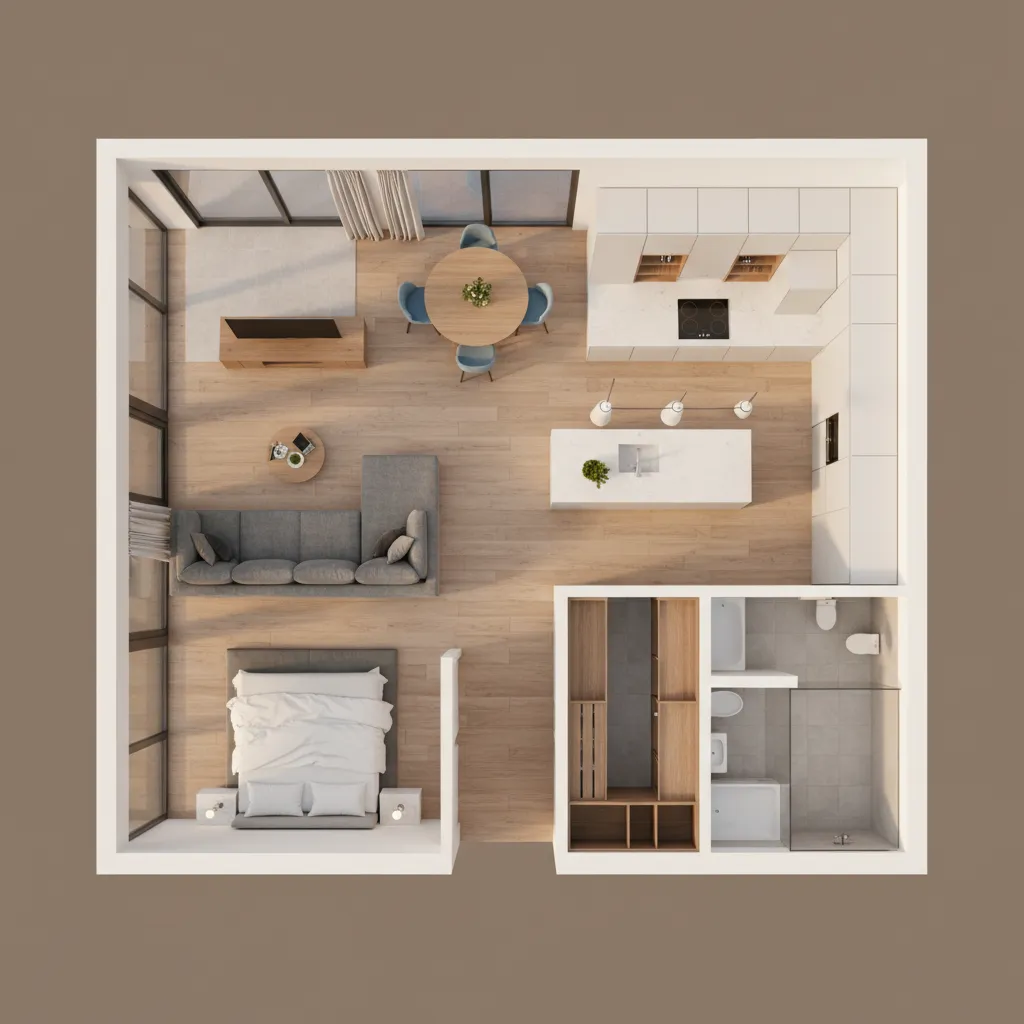 Top view 3D room layout of a modern apartment with furniture kitchen and bedroom areas