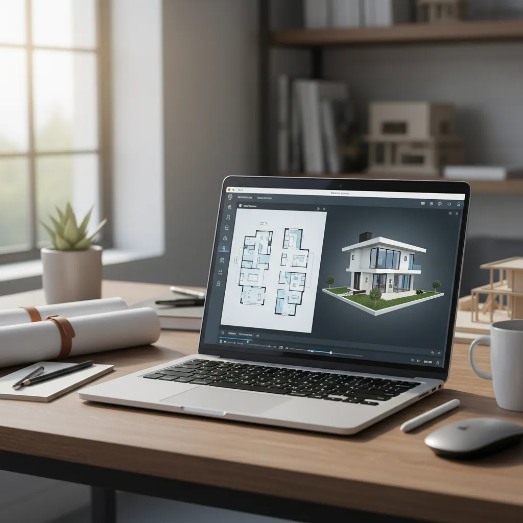 Diseño digital de plano de casa con visualización tridimensional