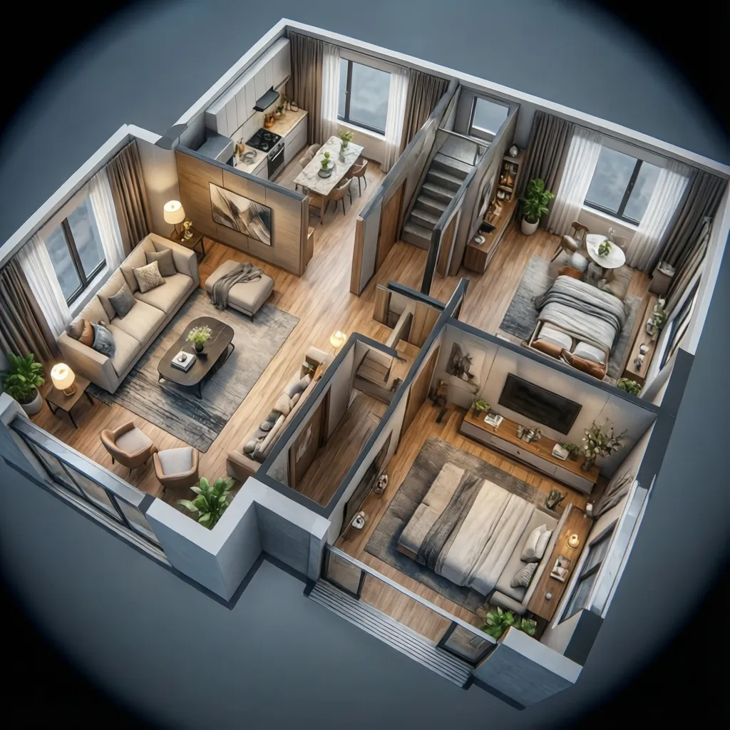 Plano 3D de una vivienda con distribución de habitaciones