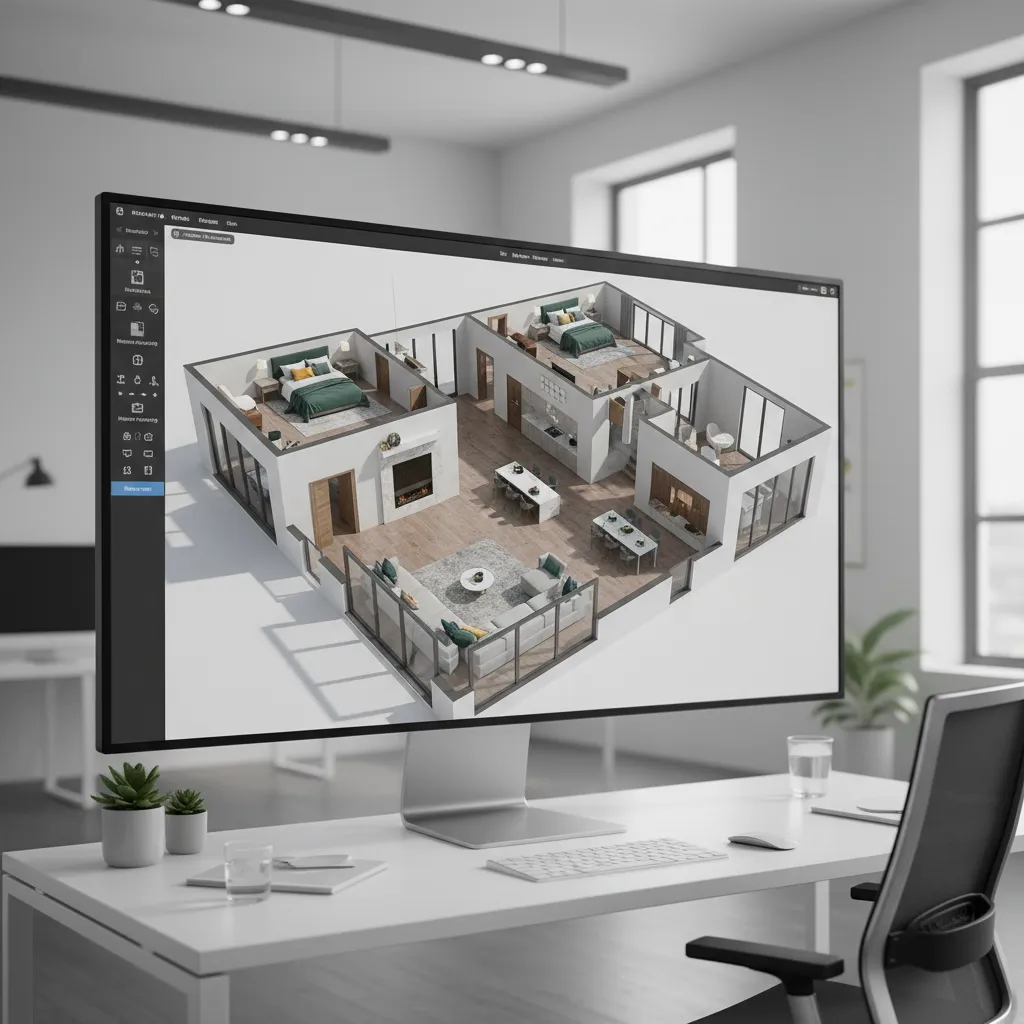 Modelo 3D de plano de casa de dos pisos en software de diseño