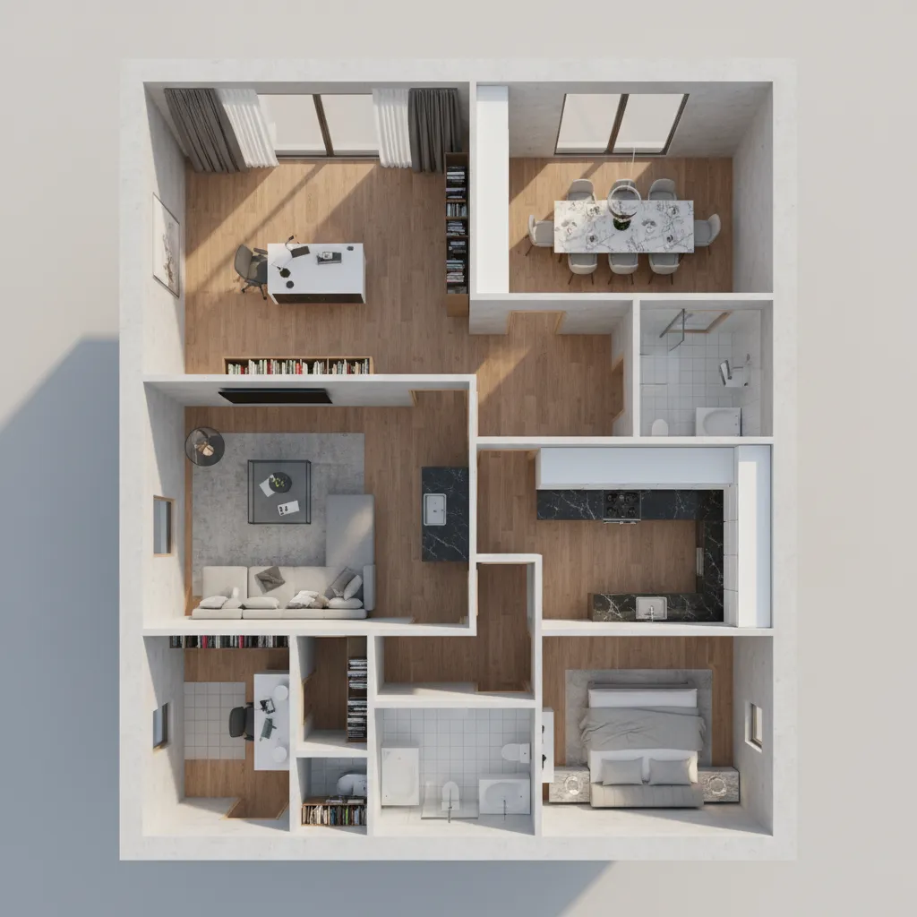Modelo 3D detallado de plano de casa utilizado en planificación de interiores